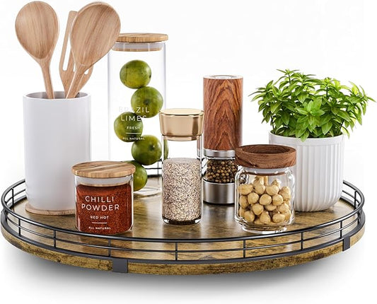 Lazy Susan Turntable Organizer for Table Top, 16’’ Round Wooden Lazy Susan for Cabinet Kitchen Countertop Pantry Dining Coffee Table for Condiments Spices, Rustic Bathroom Vanity Tray for Soap Candle-Ruum Studio Home