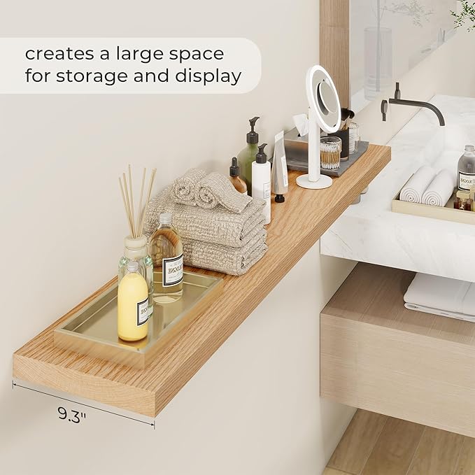 Fun Memories Solid Oak Wood Floating Shelves, 9.3 Inch Deep Natural Wood Shelf with Invisible Heavy Duty Bracket for Bathroom Bedroom Kitchen - 48inch Set of 1, Natural-Ruum Studio Home