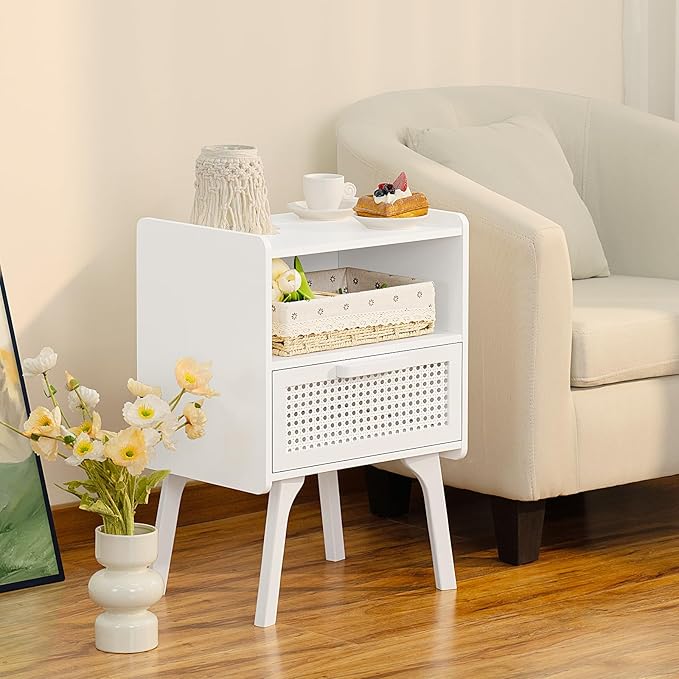 Lerliuo Rattan Nightstand, Side Table with Drawer Open Shelf, Cane Accent Bedside End Table with Solid Wood Legs, Mid Century Modern Night Stand for Bedroom, Dorm and Small Spaces (White)-Ruum Studio Home