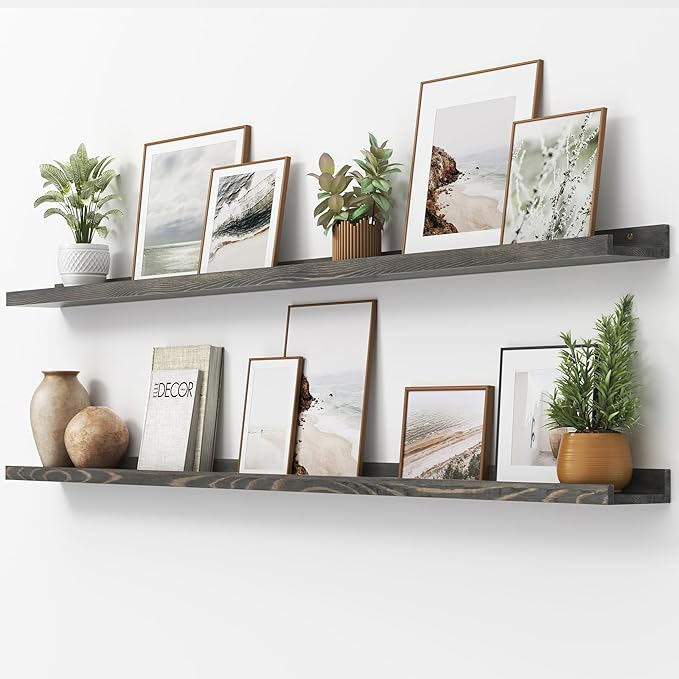 Picture Ledge Shelf, Floating Shelves Set of 2, Solid Pine Wood 72'' Long Large Nursery Book Shelves for Toys Storage, Kids Bookshelf for Living Room Bedroom Decor Books Photo Frames, Grey-Ruum Studio Home