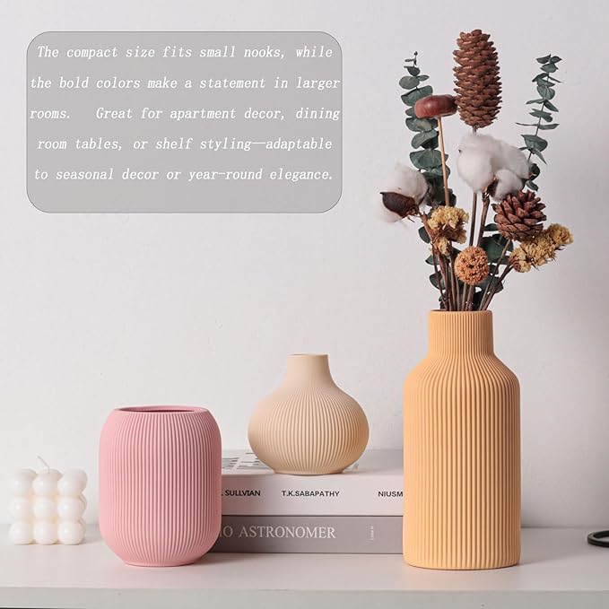 Ceramic Vase Set of 3, Vases Home Decor Modern Minimalist Decor Pottery Boho Vases for Pampas Grass Dried Fresh Flowers, Bookshelf, Shelf, Bedroom, Entryway Mantel Decor(Pink+Light Yellow+Orange)-Ruum Studio Home