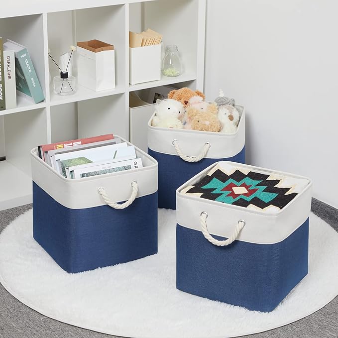 Bidtakay Storage Baskets Large Cube Storage Bins Fabric Baskets for Organizing Shelves 13x13 Navy Blue Square Storage Bins Large Set of 3 Linen Closet Organizers for Cabinet Home-Ruum Studio Home