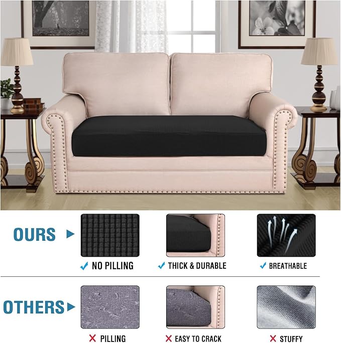 H.VERSAILTEX Super Stretch Individual Seat Cushion Covers Sofa Covers Couch Cushion Covers Slipcover Sets Thick Jacquard Textured Twill Fabric (1 Piece Loveseat Cushion Cover, Black)-Ruum Studio Home