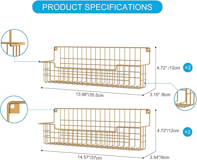 Spice Rack, 4-Pack Seasoning Organizer Wall Mounted for Kitchen Storage Organization, Metal Spice Holder Shelf for Cabinet, Pantry, Gold-Ruum Studio Home