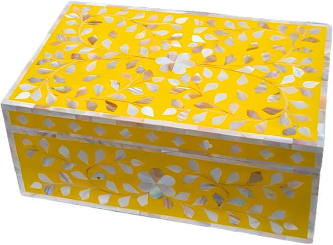 Decorative Storage Box Of Mother Of Pearl Inlay Floral Design Wooden Storage Box For Home Decoration For Living Dining & Bedroom (Yellow_9x6x3.5 inch)-Ruum Studio Home