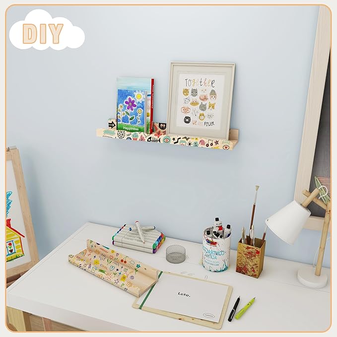 Fun Memories Picture Ledge Shelf for Wall, 36 inch Pine Wood Nursery Book Shelves Set of 2- Wall Book Shelves for Kids Room, Home Decor - Kitchen Spice-Natural-Ruum Studio Home