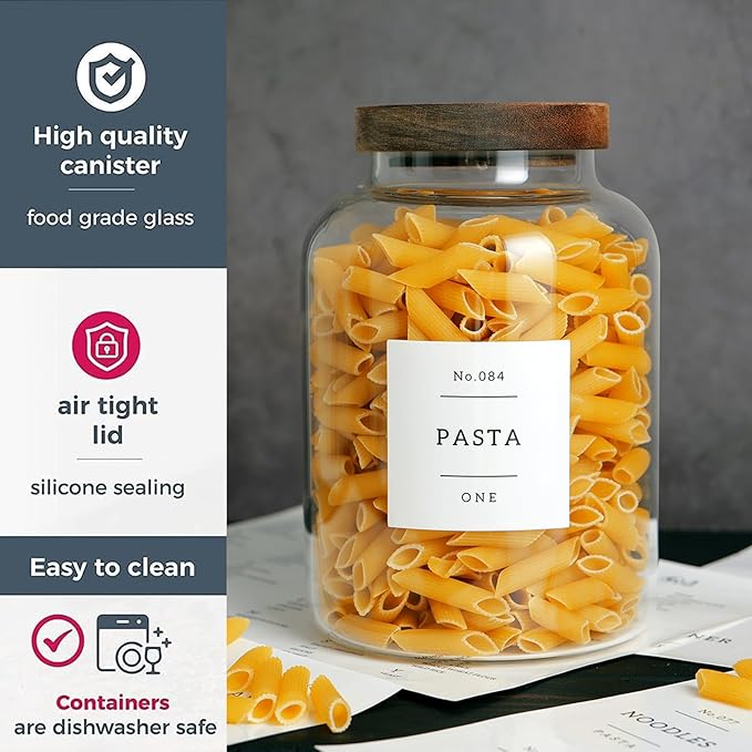 Set Of 2 Large Glass Jar with Wooden Lid with 132 Labels, Glass Storage Jars for Flour Pasta Candy Coffee Cookie and More(70 FL OZ/2000 ml)-Ruum Studio Home