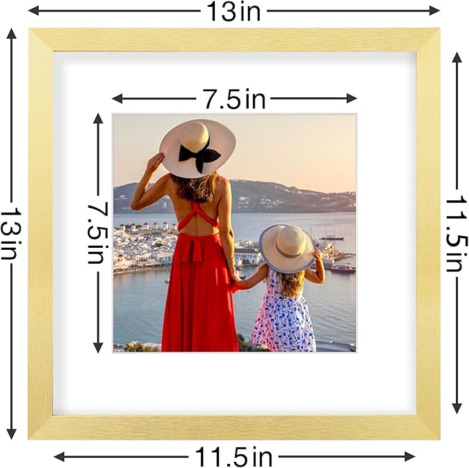 Vittanly 12x12 Picture Frames Set of 9, Shatter Resistant Plexiglass, Display 8x8 Pictures with Mat or 12x12 without Mat, Photo Frames for Wall Mount, Engineered Wood, Gold-Ruum Studio Home