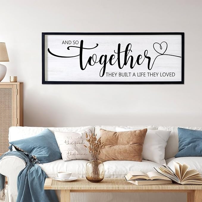 And So Together They Built A Life They Loved Decorative Rustic Sign & Plaque Framed Wall Art for Couples, 40''×15' Vintage 'Wooden Long Wall Decor Above Bed, Horizontal Farmhouse Wedding Gift-Ruum Studio Home