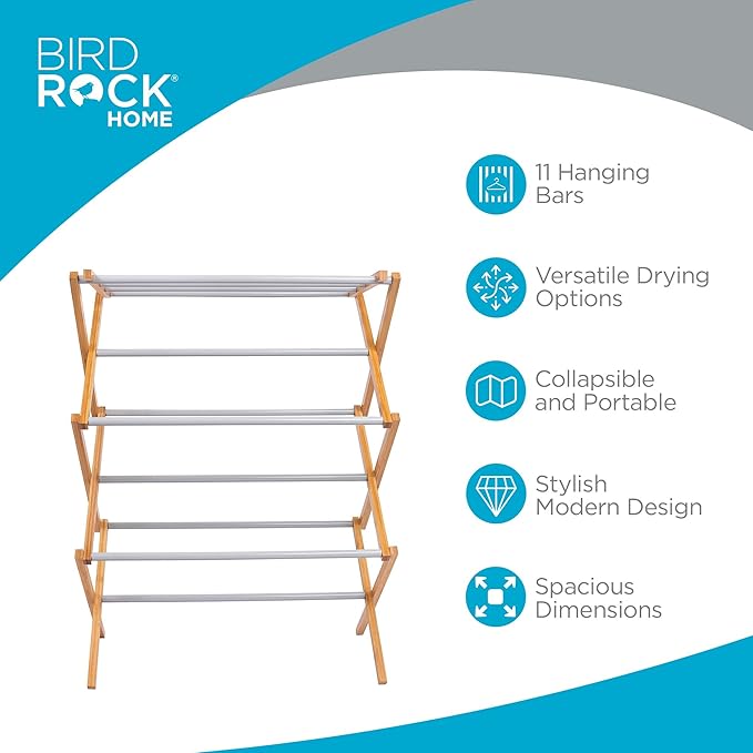 BirdRock Home Wooden Clothes Drying Rack | 3-Tier Foldable Bamboo Laundry Stand | Water-Resistant, Fully Assembled, Collapsible Indoor/Outdoor Dryer for Hanging Clothes | Grey-Ruum Studio Home