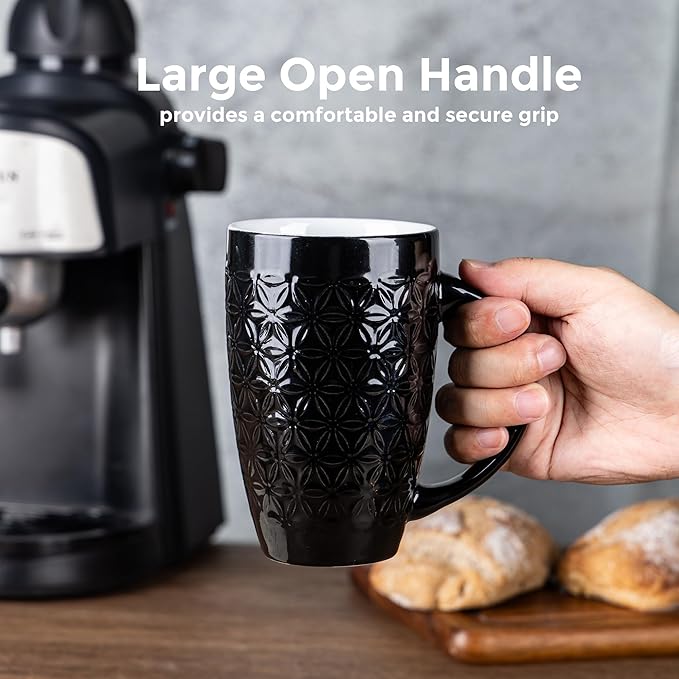 AmorArc Large Coffee Mugs Set of 6, 20oz Ceramic Tall Coffee Mugs Set with Textured Geometric Patterns for Latte/Tea/Beer/Hot Cocoa, Dishwasher & Microwave Safe, Black-Ruum Studio Home