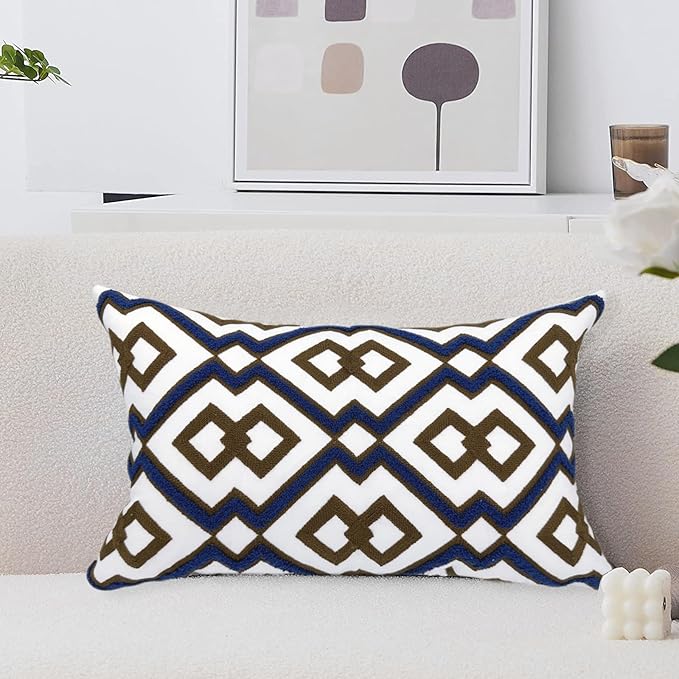 Alysheer Embroidered Lumbar Decorative Throw Pillow Cover 12"x 20", Classic Boho Geometric Embroidery Pattern Cotton Rectangular Cushion Case for Sofa Couch Living Room Bedroom(Blue Brown)-Ruum Studio Home