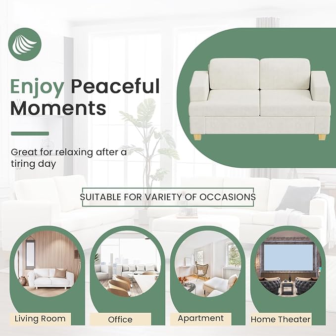 Sofa, 63” Comfy Loveseat Sofa Couch with Deep Seats, Couch for Living Room, Modern Sleeper Sofa, Beige Chenille-Ruum Studio Home