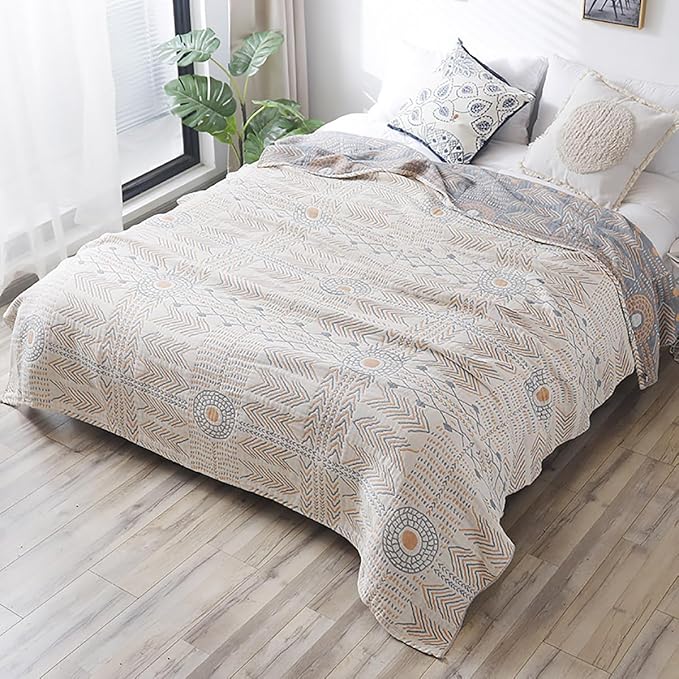 Boho Muslin Blanket for Adults 4-Layer Gauze Twin Size Soft Cozy 100% Cotton Summer Cooling Blanket Striped Decor for Sofa Bed Coverlet Both Sides (A Boho Stripe, Twin 60 x 80 in)-Ruum Studio Home