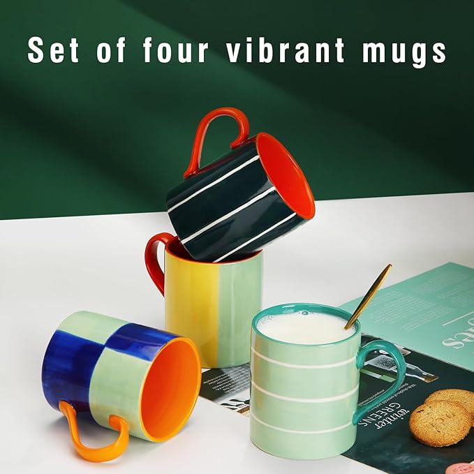 Koja Colorful Hand Painted 16 oz. Porcelain Ceramic Mugs Set. Service for 4.-Ruum Studio Home
