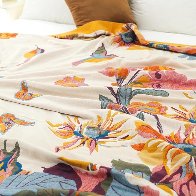 Boho Large Throw Blanket, 100% Organic Cotton Breathable Soft Bed King Throw - Fall Floral Bird Butterfly Farmhouse Decor Blanket for Sofa Couch Chair and Gift. 91" x 98"-Ruum Studio Home