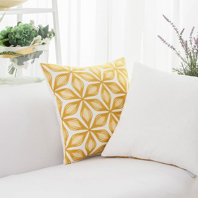 HWY 50 Yellow Decorative Throw Pillow Covers 18x18 Inch (1 Piece), Embroidered Cotton Farmhouse Cushion Cover Pillow Case for Sofa Couch Living Room Bed, Fashion Geometric-Ruum Studio Home