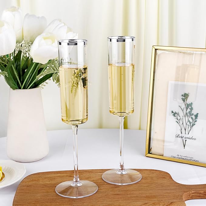 Ciaell 24 Pack Silver Plastic Champagne Flutes - 6 Oz Disposable Champagne Glasses - Square Silver Rim Plastic Toasting Glasses for Party Birthday Anniversary Wedding-Ruum Studio Home