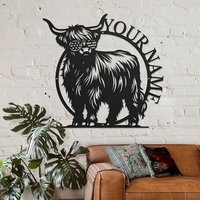 Personalized Highland Cow Name metal Signs,Custom Highland Cow Metal Shed Wall Decor,Black Metal Wall Art Plaques Outdoor wall Decorative Signage (Style G)-Ruum Studio Home