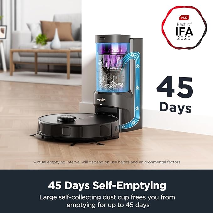 Eureka Robot Vacuum with Bagless Self Emptying Station, Robotic Vacuum Cleaner, 45-Day Capacity, 3000Pa Suction, LiDAR Navigation, NER E10s BK-Ruum Studio Home