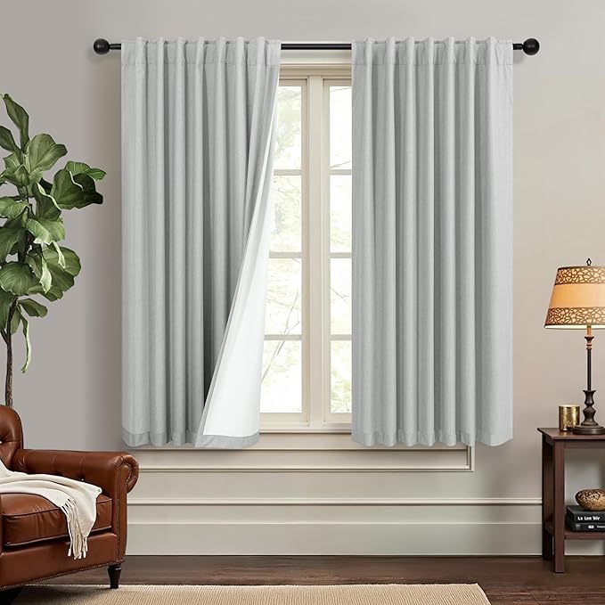 Grey Short Small Window Room Darkening Curtains 54 Inches Long 2 Panel for Bedroom Basement Boho Linen Soundproof Blackout Gray Thermal Curtains for Winter Insulated Drapes Cafe Back Tab 52x54 Length-Ruum Studio Home
