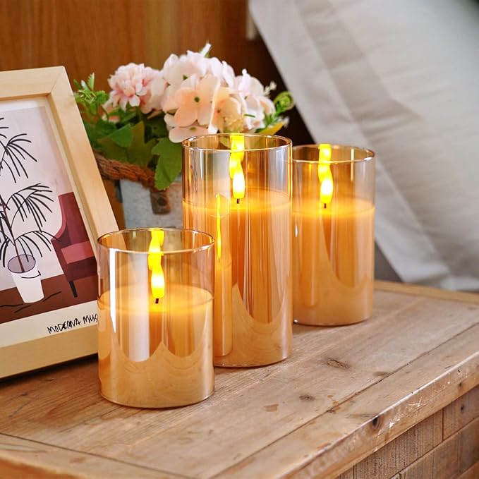 Homemory Amber Glass Flameless Candles, Battery Operated LED Pillar Candles with Remote Control and Timer, Radiance Candles, Real Wax, Set of 3,D3 xH4 5" 6"-Ruum Studio Home