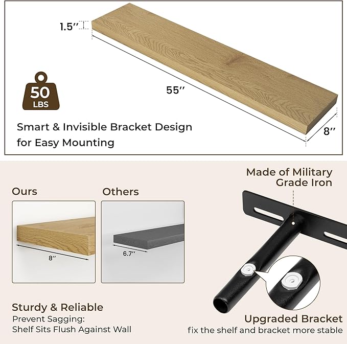 RICHFOCUS 55Inch Floating Shelves for Wall 2 Pack Shelves for Bedroom|Kitchen|Bathroom Wall Mounted Rustic Wood Floating Shelf with Invisible Brackets for Books|Storage|Decor, Oak-Ruum Studio Home