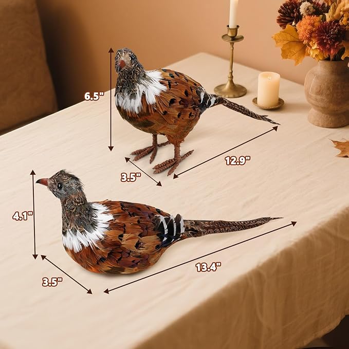Nature Vibe Feathered Pheasant Decor Set of 2,Simulation Woodland Animals Figurines with Natural Pheasant Feathers as Fall Home Decor or Gifts for Autumn Harvest Festival-Ruum Studio Home