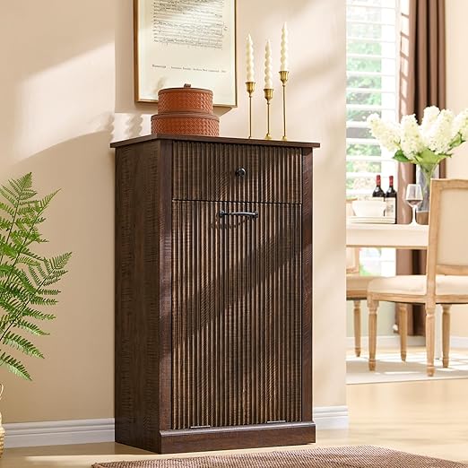 Modern Tilt-Out Trash Can Cabinet, 10 Gallon Fluted Laundry Hamper Cabinet with Drawers, Wooden Hidden Garbage Can Cabinets with Storage Basket, Free Standing for Kitchen and Living Room,Brown-Ruum Studio Home
