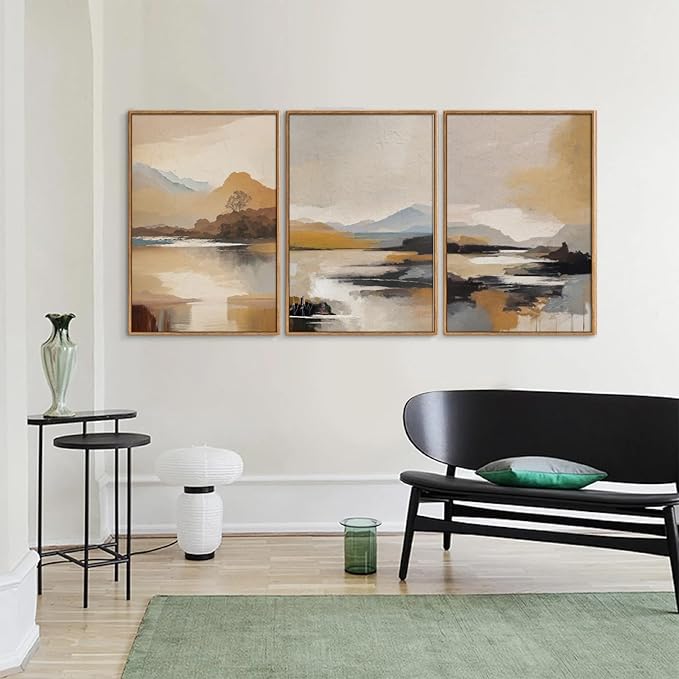 Tinonedraw Beige Mountain Landscape Framed Canvas Wall Art, Abstract Mid Century Modern Wall Decor, Golden Hour Lake Artwork, Neutral Nature Scenery Art Printing for Living Room Bedroom Office 16"x24"x3-Ruum Studio Home