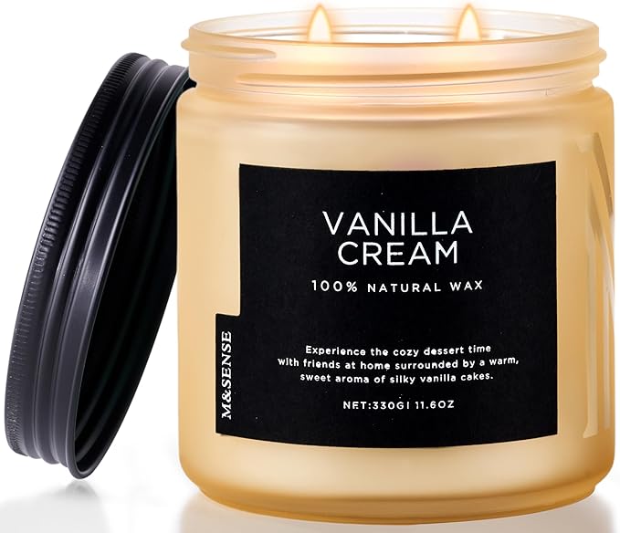 M&SENSE Vanilla Soy Candles, Medium 2 Wick 11.6oz 70 Hours Burning Time, All Natural Organic Soy Wax, Relaxing Aromatherapy Scented Candle, Housewarming Gift for Women and Men-Ruum Studio Home