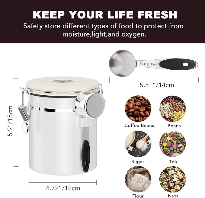 ShanSon Coffee Canister Airtight Coffee Container Stainless Steel Coffee Bean Storage Container with CO2 Release Valve and Scoop Coffee Canister for Beans,Grounds,Sugar,Flour,Tea,Cereal,16OZ,Off-White-Ruum Studio Home