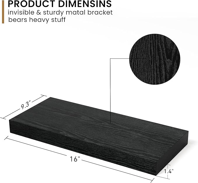 Fun Memories Deep Floating Shelves - 16" W x 9" D x 1.6" H Rustic Black Wall Shelf - Wall Mounted Shelves for Storage - Wooden Shelves with Invisible Brackets for Living Room, Farmhouse - Set of 2-Ruum Studio Home