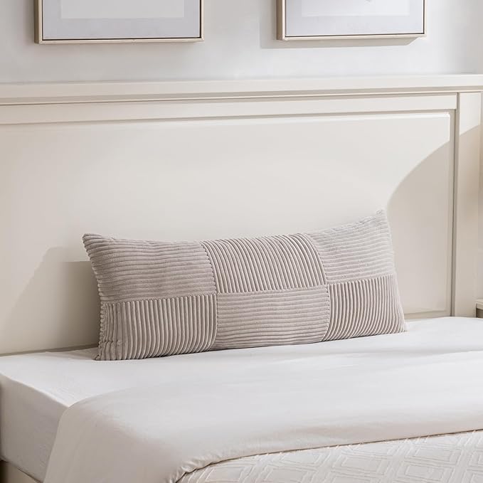 Fancy Homi Set of 2 Neutral Taupe Boho Long Lumbar Body Decorative Throw Pillow Cover 14x36 Inch for Bed Couch Bedroom Bench, Soft Patchwork Corduroy Textured Pillow Case, Farmhouse Room Decor-Ruum Studio Home