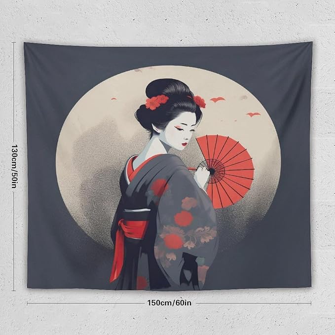 Japanese Woman Geisha Tapestry Asian Red Cherry Blossom Red Sun Traditional Kimono Folk Tapestries Home Decor for Living Room Bedroom Apartment Farmhouse Dorm 60"x50"-Ruum Studio Home