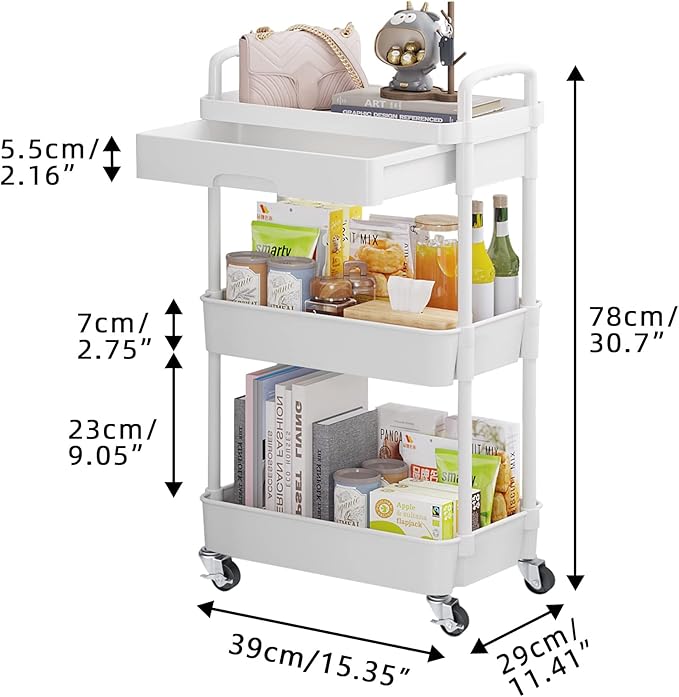 Calmootey 3-Tier Rolling Utility Cart with Drawer,Multifunctional Storage Organizer with Plastic Shelf & Metal Wheels,Storage Cart for Kitchen,Bathroom,Living Room,Office,White-Ruum Studio Home
