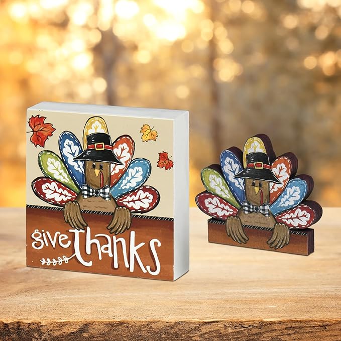 Smile Thanksgiving Wooden Decor Indoor, Turkey Decor Give Thanks Box Sign, Thanksgiving Table Tiered Tray Kitchen Decorations-Ruum Studio Home