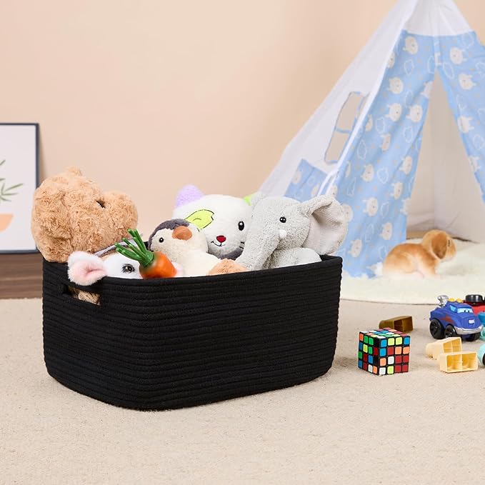 Large Storage Baskets for Shelves, Closet Organizers Bins for Clothes Blanket Towels, Baby Nursery, Toy Baskets Box, Woven Rope Baskets, 17 x 13 x 7.5”, 2 Packs Black-Ruum Studio Home