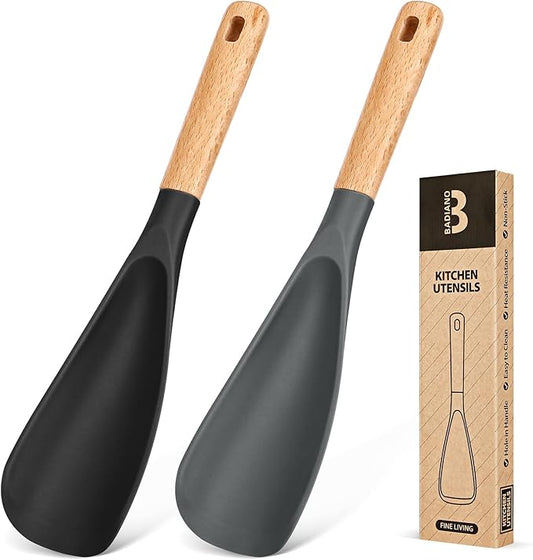 Cooking Spoon for Nonstick Cookwares, Great for Cooking and Serving Sturdy BPA-Free Matte Silicone, Wood Handle Spoon for Mixing, Scoop, and Scrape (Black & Grey, 11.4 inch)-Ruum Studio Home