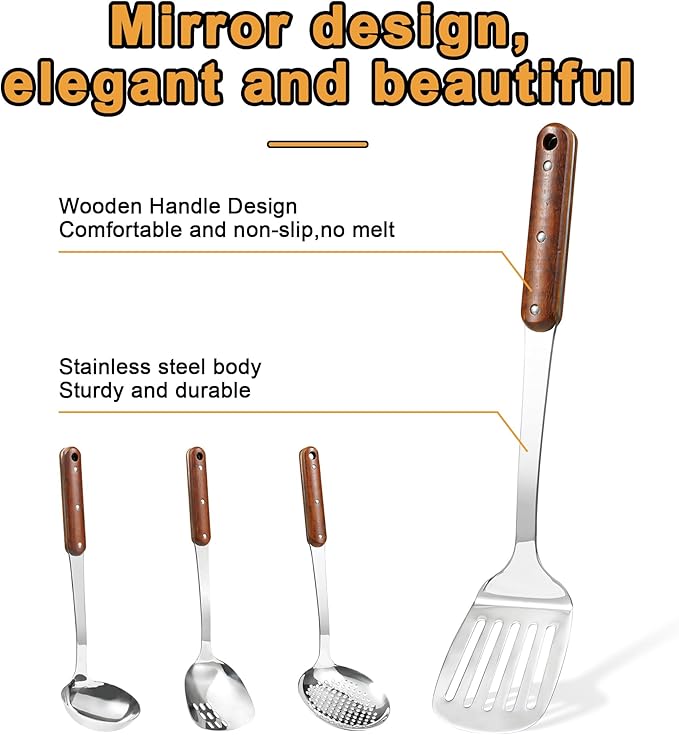 FJNATINH Stainless Steel Wok Spatula,Slotted Spatulas,Ladle,Skimmer Ladle Tool Set,Mirror Polished Cooking Utensils Kitchen Cookware, Pack of 4,Sliver-Ruum Studio Home