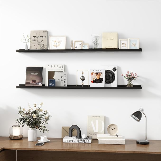 Picture Ledge Shelf, Wood Long Floating Shelves for Wall, Set of 2, 56 inch Picture Ledge Shelves, Photo Ledge Nursery Book Shelves Wall Mounted for Living Room Kids' Room Bedroom, Color Black-Ruum Studio Home
