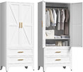 71'' Farmhouse Metal Wardrobe Cabinet with Hanging Rod, 2 Barn Door Wardrobe Closet with Adjustable Shelves,2 Drawer,for Dining Room,Bedroom,Living Room, Cloak Room,Office (White)-Ruum Studio Home