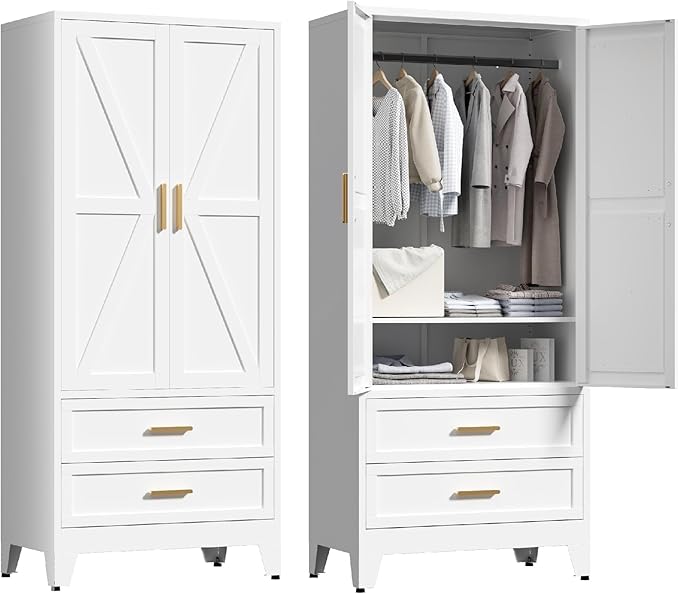 71'' Farmhouse Metal Wardrobe Cabinet with Hanging Rod, 2 Barn Door Wardrobe Closet with Adjustable Shelves,2 Drawer,for Dining Room,Bedroom,Living Room, Cloak Room,Office (White)-Ruum Studio Home