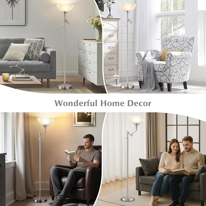 Floor Lamps for Living Room Silver, 70" Tall Standing Lamp with Glass Shade, Bedroom Floor Lamp with 350°Adjustable Swing Arm Lamp, Pole lamp for Bedroom, Living Room, Office, Bulbs Included-Ruum Studio Home