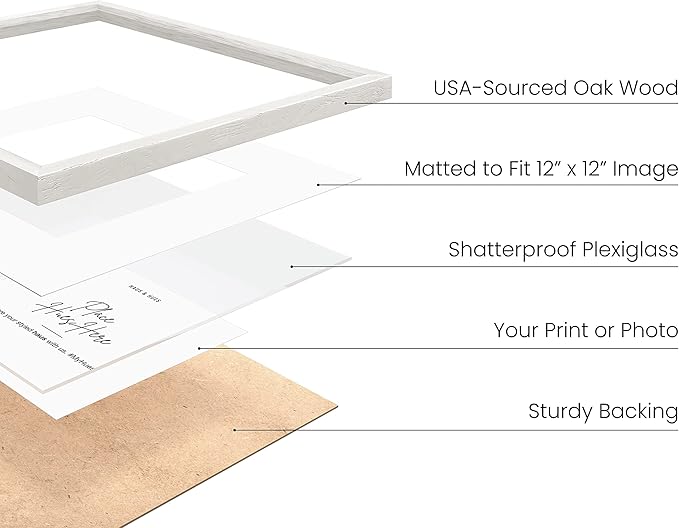 HAUS AND HUES Solid Oak Wood 16”x16” Picture Frames Matted to 12”x12” Set of 6 - White Picture Frames 16x16, Square Frames 16x16, White Square Picture Frames, 16x16 Gallery Wall Frame Set-Ruum Studio Home