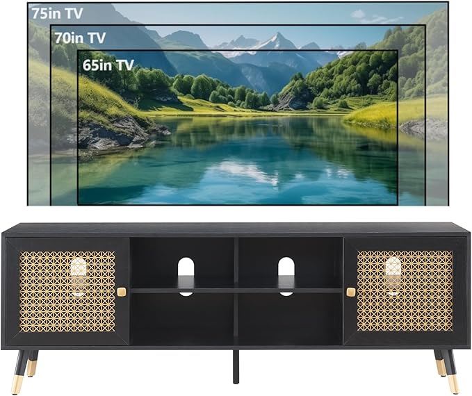 JYED Mid Century Modern TV Stand and Console for TVs Up to 75" - Black Entertainment Center, 2 Gold Metal Mesh Doors & MDF Wood Grain, 15.8" D x 66" W x 23.5" H-Ruum Studio Home