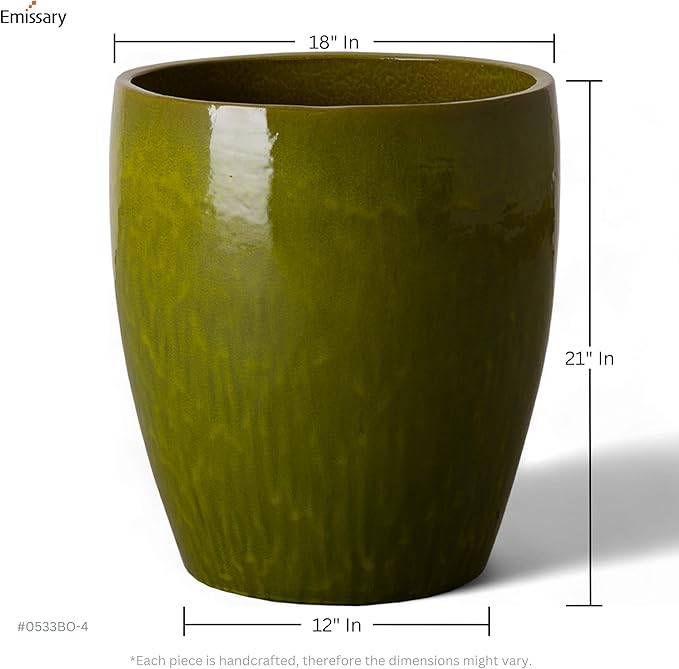 Emissary Bullet 18 in. Green Ceramic Round Planter (18 in. L x 18 in. W x 21 in. H) with Drainage Hole-Ruum Studio Home