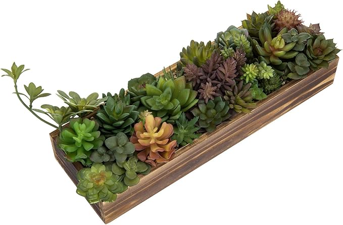 MyGift Artificial Succulent Centerpiece, 15.75 Inch Faux Succulents Arrangement Plants in Rustic Burnt Wood Rectangular Planter Box-Ruum Studio Home