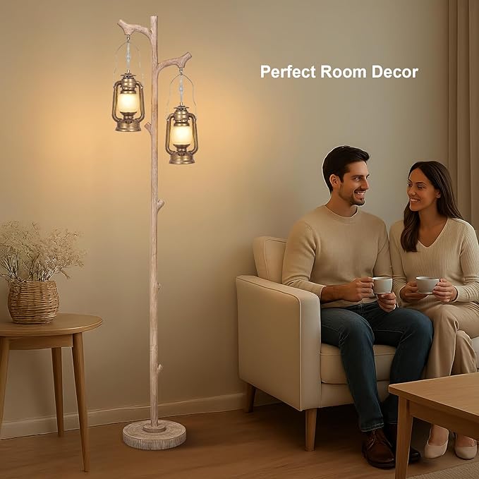 Scenekoy Vintage 68” Tall Floor Lamp with Lanterns, Retro Standing Lamp Tree Trunk Finish & Resin Body, Rustic Dimmable Corner Lamp Stand Up Light with Bulb Prefer for Living Room Bedroom Home Decor-Ruum Studio Home