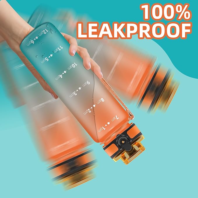 OLDLEY 32 oz Water Bottle, Motivational Water Bottle with Time Marker, Sports Water Bottle With Strap, Leakproof & BPA Free Large Water Bottles for School, Gym, Travel, Outdoor, Tritan,Orange&Green-Ruum Studio Home